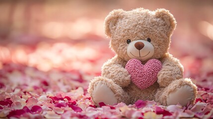 teddy bear holding heart on background with copy space