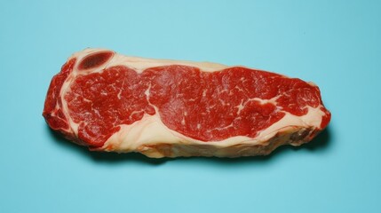 Obraz premium Raw Beef Steak on Blue Background A Close Up View of a Marbled Cut of Meat