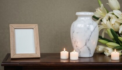 memorial decor with wooden photo frame, marble urn, white lilies, and lit candles on a dark wooden surface