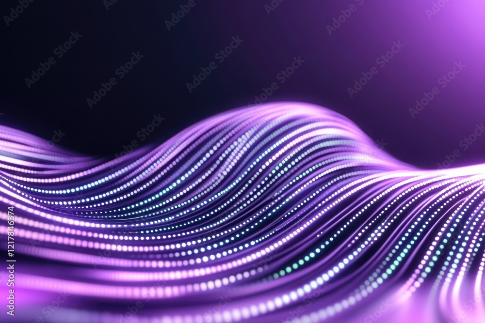 Poster quantum wave interference visualization with glowing particles flowing smoothly in a wave pattern
