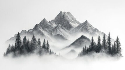 Misty mountain peak, coniferous forest, serene landscape, digital art, nature print