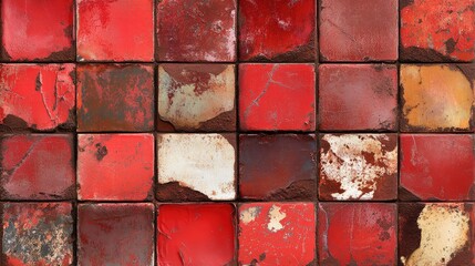 Red Rusty Metal Tiles Texture Background. Aged Weathered Grunge Surface Pattern