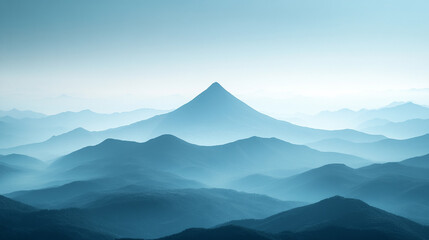 Fototapeta premium Silhouette of a volcanic peak against a clear sky with soft-focused mountains below, a minimalistic and bright tone creating an empty blank caption space on the side, evoking calm amidst chaos