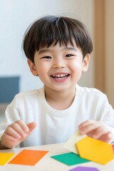 Fototapeta premium Smiling preschooler enjoys educational activity, playing with colorful geometric shapes, developing fine motor skills and creativity