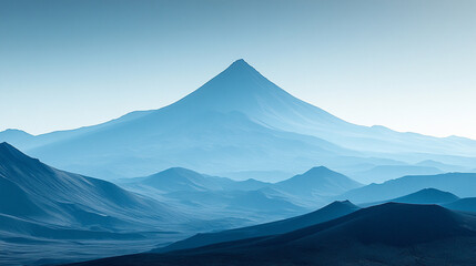 Silhouette of a volcanic peak against a clear sky with soft-focused mountains below, a minimalistic and bright tone creating an empty blank caption space on the side, evoking calm amidst chaos

