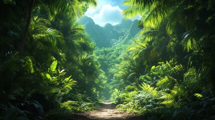 Fototapeta premium Lush Tropical Jungle Path: An Enchanting Journey Through Verdant Paradise