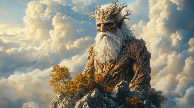 Majestic tree-being, mountaintop, cloudy sky, fantasy art, game design
