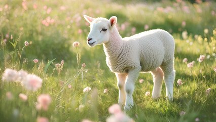 Obraz premium Adorable White Lamb on a Green Meadow with Blooming Pink Flowers