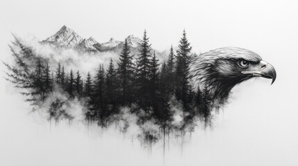 Fototapeta premium Majestic eagle, mountain forest, misty landscape, charcoal art, nature print