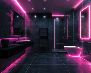 Modern Dark Bathroom with Pink Neon Lighting Design