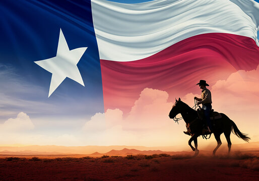 Silhouette of cowboy riding horse across texas desert at sunset with waving texas state flag