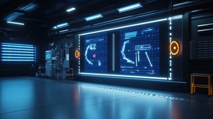 Futuristic Laboratory with Advanced Technology Displaying Interactive Holographic Screens and Background Equipment in Dimly Lit High-Tech Environment
