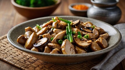 Fototapeta premium Moo Goo Gai Pan with Tender Chicken and Mushrooms in Savory Sauce