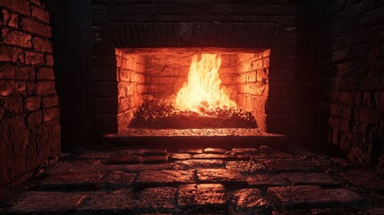 A cozy fireplace with glowing flames and a rustic brick surround, creating a warm and inviting atmosphere.