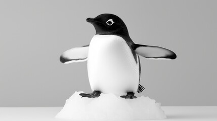 Obraz premium Charming penguin on ice displaying playful pose against minimalist gray background for wildlife and nature concepts