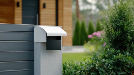 Modern mailbox on stone pillar next to green plants and wooden house featuring contemporary architectural style