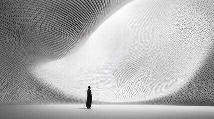 Futuristic abstract architecture interior with dotted ceiling and silhouette of person observing minimalist curved design in expansive space