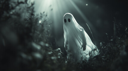 A in the dark. White, ghost, dark, background rays, moon, flies, ghost. A ghost flying in the rays of the moon. Dark clouds with rays of ghosts flying in the dark behind a lifestyle white moon. A.