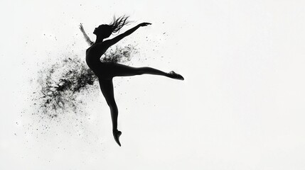   A monochromatic image of a dancer suspended mid-air with arms extended and legs outstretched