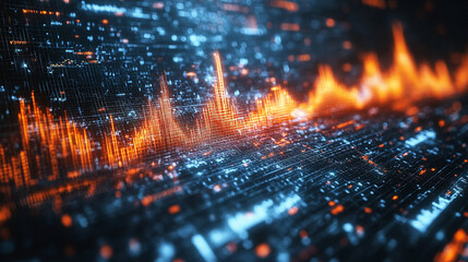 Fototapeta premium Orange gradient audio waveforms on a dark blue background creating a modern minimalistic design with a bright tone and blurred effect, leaving space for captions to enhance the composition and meaning