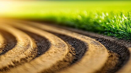 Fototapeta premium Close-up of a perfectly groomed dirt track for horse racing, neat lane markings visible, with vibrant green grass contrasting the warm soil