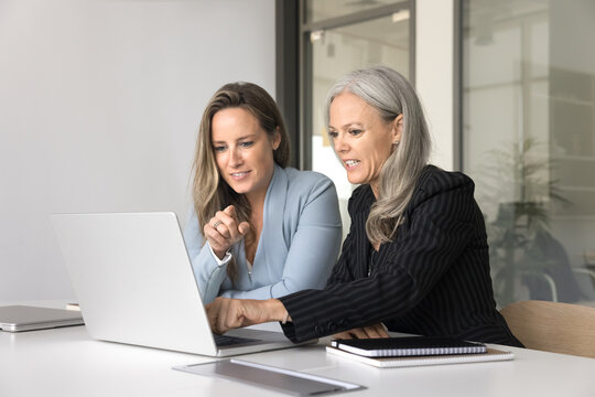 Businesswomen using laptop during formal meeting. Consider new joint project, learning platform or business application. Manager selling services, showing presentation, make commercial offer to client