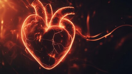 A dramatic image of a human heart beating, with pulse lines animated across a dark, abstract background