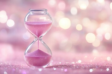 Pink Hourglass Sands Slowly Dripping On Glittery Background