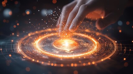 3D render of a hand hovering over a pulsating Launch button, with a dynamic burst of light and a world map emerging, impactful debut concept