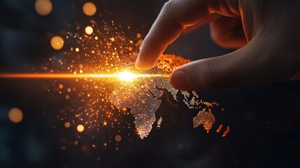 3D render of a hand hovering over a pulsating Launch button, with a dynamic burst of light and a world map emerging, impactful debut concept