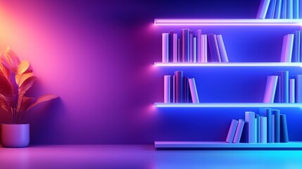 Obraz premium A white bookshelf in an abstract setting, books arranged in a geometric pattern with bright neon accents, surreal art style, dynamic lighting, high-detail, pop art aesthetic