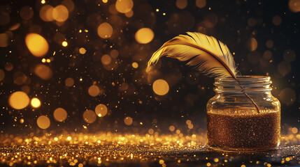 Golden feather and jar ink. Feather, jar, black, background glare, light, gold, sparkles. Glare of gold and gleaming ring in the light. Jar of gold and black glares of a glare lifestyle of a light.