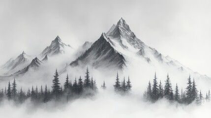 Misty mountain peaks, coniferous forest, fog, dramatic sky, nature print
