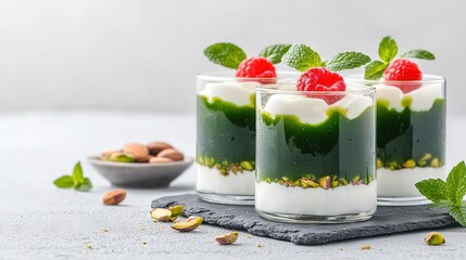   Three desserts in glasses on a table with a spoon and a bowl of nuts in the background