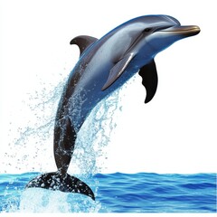 Obraz premium Vibrant dolphin leaping from ocean waves against a clean white backdrop, intricate details showcasing playful movement and energy.