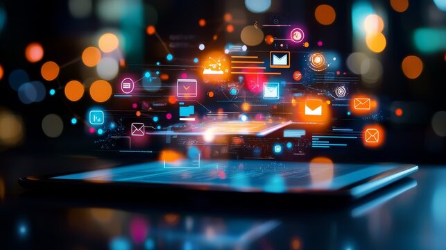 A close-up of a tablet screen showcasing a drag-and-drop email builder, bright and vivid icons of popular email platforms like Mailchimp and HubSpot in the background, Modern Digital