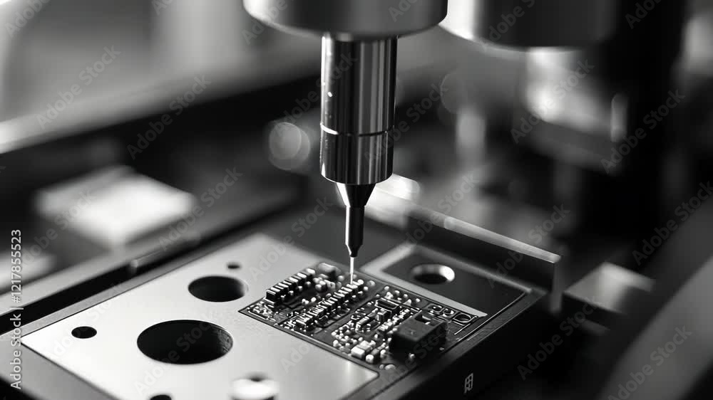 Poster automated soldering machine precisely placing components on a circuit board, showcasing advanced man