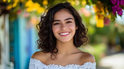 A cheerful young woman with beautiful curly hair smiles radiantly in the warm, golden sunset light as it shines