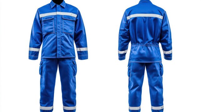 front back view of blue working uniform isolated on white background