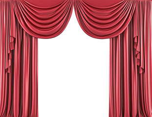 Ruby red luxury curtains with smooth drape and ruffled sides, classic and grand, ideal for theater stages or upscale interiors, transparent background