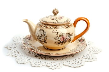 Vintage Cream Porcelain Teapot with Floral Design