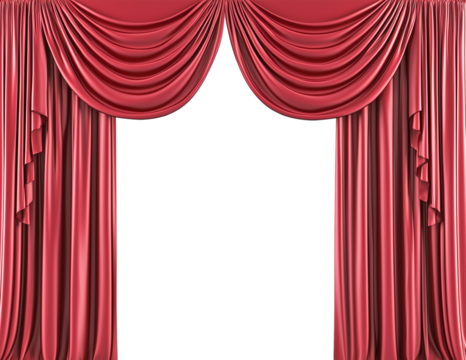 Ruby red luxury curtains with smooth drape and ruffled sides, classic and grand, ideal for theater stages or upscale interiors, transparent background