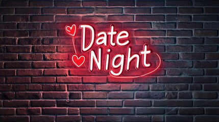 Fototapeta premium Neon Date Night sign against a brick wall with romantic LED lighting and a red Valentines Day vibe