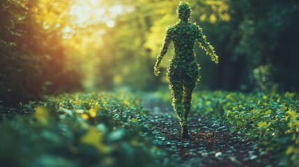 Green figure made of leaves running along a leafy path symbolizing nature, health, sustainability with copy space for text in a minimalistic bright tone, modern blurred background and empty caption sp