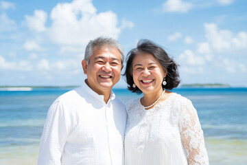 Obraz premium Joyful Senior Asian Couple Smiling Together at a Tropical Beach, Capturing a Moment of Happiness, Connection, and Relaxation in a Scenic Outdoor Setting