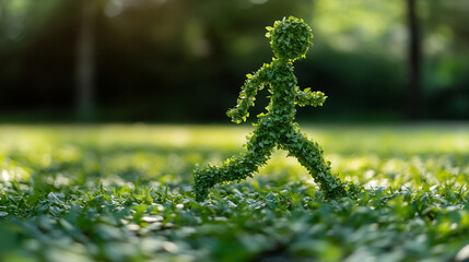 Green figure made of leaves running along a leafy path symbolizing nature, health, sustainability with copy space for text in a minimalistic bright tone, modern blurred background and empty caption sp
