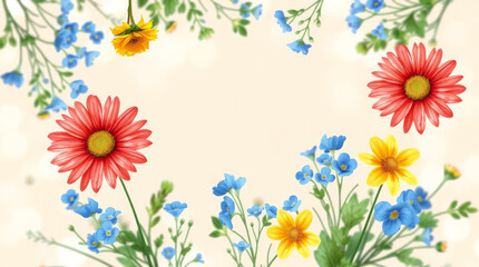  Colorful floral watercolor illustration in bright shades with space for text, decorative art.
