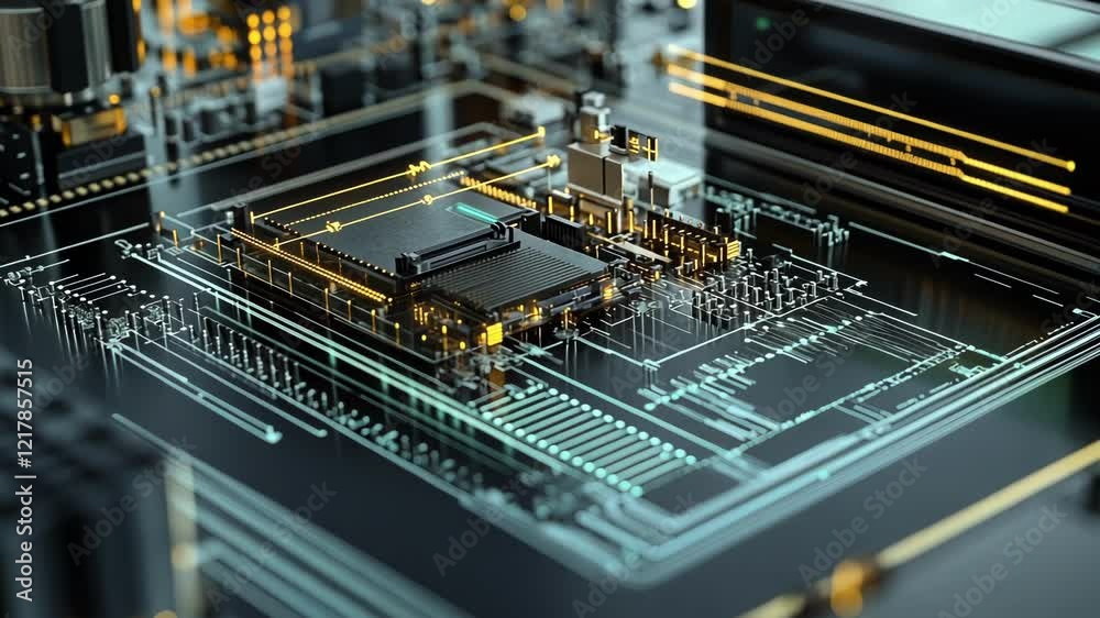 Poster futuristic motherboard with glowing circuits processing data through a central processing unit - cpu