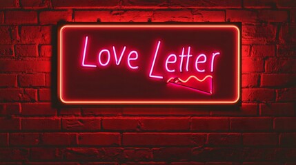 Fototapeta premium Neon Love Letter sign glowing on a red brick wall ideal for a Valentines Day celebration poster