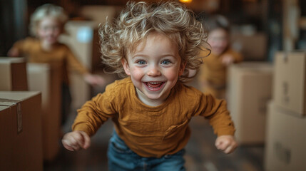 Excitement fills air as children run around while parents manage boxes on moving day. energetic atmosphere reflects blend of fun and responsibility during relocation.